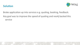 SoluBon	
Broke	applica<on	up	into	services	e.g.	quo<ng,	booking,	feedback.		
Key	goal	was	to	improve	the	speed	of	quo<ng	and	neo4j	backed	this	
service	
 