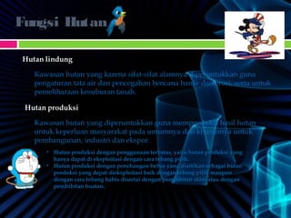 Fungsi HutanFungsi Hutan
Kawasan hutan yang karena sifat-sifat alamnya diperuntukkan guna
pengaturan tata air dan pencegahan bencana banjir dan erosi, serta untuk
pemeliharaan kesuburan tanah.
Kawasan hutan yang diperuntukkan guna memproduksi hasil hutan
untuk keperluan masyarakat pada umumnya dan khususnya untuk
pembangunan, industri dan ekspor.
• Hutan produksi dengan penggunaan terbatas, yaitu hutan produksi yangHutan produksi dengan penggunaan terbatas, yaitu hutan produksi yang
hanya dapat di eksploitasi dengan cara tebang pilih.hanya dapat di eksploitasi dengan cara tebang pilih.
• Hutan produksi dengan penebangan bebas yang diartikan sebagai hutanHutan produksi dengan penebangan bebas yang diartikan sebagai hutan
produksi yang dapat dieksploitasi baik dengan tebang pilih maupunproduksi yang dapat dieksploitasi baik dengan tebang pilih maupun
dengan cara tebang habis disertai dengan pembibitan alam atau dengandengan cara tebang habis disertai dengan pembibitan alam atau dengan
pembibitan buatan.pembibitan buatan.
 