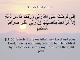 Surah Hud (Hud) إِنِّي تَوَكَّلْتُ عَلَى اللّهِ رَبِّي وَرَبِّكُم مَّا مِن دَآبَّةٍ إِلاَّ هُوَ آخِذٌ بِنَاصِيَتِهَا إِنَّ رَبِّي عَلَى صِرَاطٍ مُّسْتَقِيمٍ  [11:56]  Surely I rely on Allah, my Lord and your Lord; there is no living creature but He holds it by its forelock; surely my Lord is on the right path. 