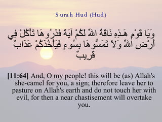 Surah Hud (Hud) وَيَا قَوْمِ هَـذِهِ نَاقَةُ اللّهِ لَكُمْ آيَةً فَذَرُوهَا تَأْكُلْ فِي أَرْضِ اللّهِ وَلاَ تَمَسُّوهَا بِسُوءٍ فَيَأْخُذَكُمْ عَذَابٌ قَرِيبٌ  [11:64]  And, O my people! this will be (as) Allah's she-camel for you, a sign; therefore leave her to pasture on Allah's earth and do not touch her with evil, for then a near chastisement will overtake you. 