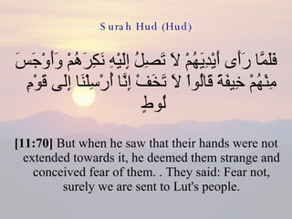 Surah Hud (Hud) فَلَمَّا رَأَى أَيْدِيَهُمْ لاَ تَصِلُ إِلَيْهِ نَكِرَهُمْ وَأَوْجَسَ مِنْهُمْ خِيفَةً قَالُواْ لاَ تَخَفْ إِنَّا أُرْسِلْنَا إِلَى قَوْمِ لُوطٍ  [11:70]  But when he saw that their hands were not extended towards it, he deemed them strange and conceived fear of them. . They said: Fear not, surely we are sent to Lut's people. 
