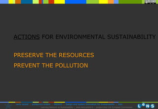 ACTIONS  FOR ENVIRONMENTAL SUSTAINABILITY PRESERVE THE RESOURCES PREVENT THE POLLUTION 