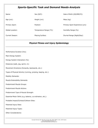 Sports-Specific Task and Demand Needs-Analysis

Name:                                      Sex (M/F):                                                         Date of Birth (DD/MM/YY):


Age (yrs):                                 Height (cm):                                                       Mass (kg):


Primary Sport:                             Position:                                                          Primary Sport Experience (yrs):


Global Location:                           Temperature Range (°C):                                            Humidity Range (%):


Current Season:                            Playing Surface:                                                   Diurnal Range (Night/Day):




                                 Physical Fitness and Injury Epidemiology



Performance Duration (hrs):

Main Energy System:

Energy System Interaction (%):

Distances (walk, jog, sprint, m):

Movement Directions (forwards, backwards, etc.):

Types of Physical Activity (running, jumping, leaping, etc.):

Mobility Demands:

Muscle Extensibility Demands:

Predominant Muscle Groups:

Predominant Muscle Actions:

Predominant Type of Muscle Strength:

Essential Motor Skills (e.g. balance, co-ordination, etc.):

Probable Impact/Contact/Collision Sites:

Potential Injury Sites:

Potential Injury Types:

Other Considerations:



                                     Copyright Nicholas Clark, BEd, BSc, PG Dip, MSc, MCSP, MMACP, CSCS. 2005-Present
                                                               www.integratedphysiotherapy.com
                                                           enquiries@integratedphysiotherapy.com
 