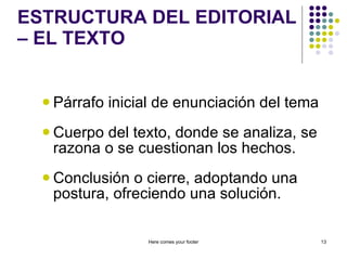 ESTRUCTURA DEL EDITORIAL – EL TEXTO Párrafo inicial de enunciación del tema Cuerpo del texto, donde se analiza, se razona o se cuestionan los hechos. Conclusión o cierre, adoptando una postura, ofreciendo una solución. Here comes your footer 