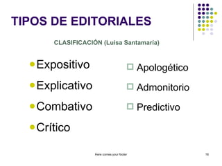 TIPOS DE EDITORIALES Expositivo Explicativo Combativo Crítico Here comes your footer CLASIFICACIÓN (Luisa Santamaría) Apologético Admonitorio Predictivo 