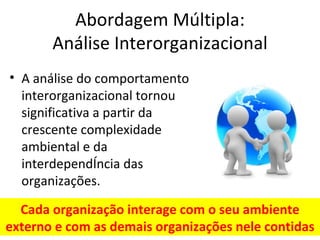 Abordagem Múltipla:
       Análise Interorganizacional
• A análise do comportamento
  interorganizacional tornou
  significativa a partir da
  crescente complexidade
  ambiental e da
  interdependência das
  organizações.

  Cada organização interage com o seu ambiente
externo e com as demais organizações nele contidas
 