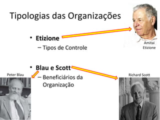 Tipologias das Organizações

             • Etizione
                                              Amitai
               – Tipos de Controle           Etizione




             • Blau e Scott
Peter Blau                           Richard Scott
               – Beneficiários da
                 Organização
 
