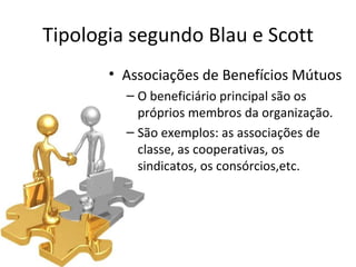 Tipologia segundo Blau e Scott
       • Associações de Benefícios Mútuos
         – O beneficiário principal são os
           próprios membros da organização.
         – São exemplos: as associações de
           classe, as cooperativas, os
           sindicatos, os consórcios,etc.
 