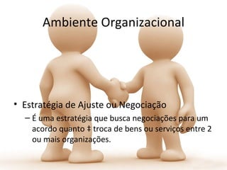 Ambiente Organizacional




• Estratégia de Ajuste ou Negociação
  – É uma estratégia que busca negociações para um
    acordo quanto à troca de bens ou serviços entre 2
    ou mais organizações.
 