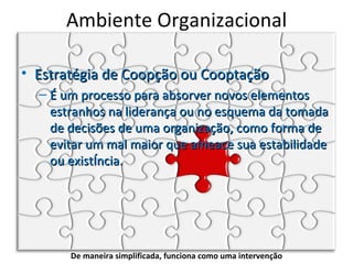 Ambiente Organizacional

• Estratégia de Coopção ou Cooptação
  – É um processo para absorver novos elementos
    estranhos na liderança ou no esquema da tomada
    de decisões de uma organização, como forma de
    evitar um mal maior que ameace sua estabilidade
    ou existência.




       De maneira simplificada, funciona como uma intervenção
 