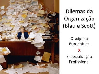 Dilemas da
 Organização
(Blau e Scott)

   Disciplina
  Burocrática
       X
 Especialização
  Profissional
 