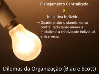 Planejamento Centralizado
                            X
                  Iniciativa Individual
             – Quanto maior o planejamento
               centralizado tanto menor a
               iniciativa e a criatividade individual
               e vice versa.




Dilemas da Organização (Blau e Scott)
 