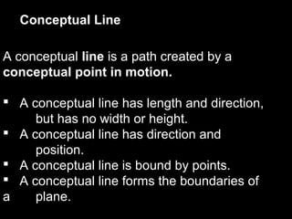 Conceptual Line
A conceptual line is a path created by a
conceptual point in motion.
 A conceptual line has length and direction,
but has no width or height.
 A conceptual line has direction and
position.
 A conceptual line is bound by points.
 A conceptual line forms the boundaries of
a
plane.

 
