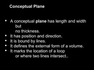 Conceptual Plane
 A conceptual plane has length and width
but
no thickness.
 It has position and direction.
 It is bound by lines.
 It defines the external form of a volume.
 It marks the location of a loop
or where two lines intersect..

 