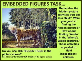Remember the
hidden picture
activities you did
as a child? Were
you good at
finding the
hidden pictures?
How about
finding ‘Waldo’
in the ‘Where’s
Waldo’ pictures?
Those activities
appealed to
‘field
independent’
children.
Do you see THE HIDDEN TIGER in the
picture above?
Read the words THE HIDDEN TIGER in the tiger’s stripes.
 