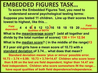 To score the Embedded Figures Test, you need to
understand several psychological testing terms:
Suppose you tested 11 children. Line up their scores from
lowest to highest, like this…
4 4 6 8 12 13 16 18 18 19 20
What is the mean/average score? (add all together and
divide by the total number of scores) 138 ÷ 11= 12.54
What is the median score? ( in the middle of the range)13
If 3 year old girls have a mean score of 10.73 with a
standard deviation of 3.74… what does that mean?
Standard deviation means ‘plus or minus’ possible error.
10.73 – 3.74 = 6.99; 10.73 + 3.74=14.47 Children who score lower
than 6.99 on the test are field dependent; higher than 14.47 are
field independent. Children who score somewhere IN the range…
have equal qualities of both field dependence/independence.
( )
Field
dependent
Field
independence
Qualities of BOTH
 