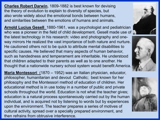 Charles Robert Darwin, 1809-1882 is best known for devising
the theory of evolution to explain to diversity of species, but
also wrote widely about the emotional bonds between humans,
and similarities between the emotions of humans and animals.
Arnold Lucius Gesell 1880-1961, was a psychologist and pediatrician
who was a pioneer in the field of child development. Gesell made use of
the latest technology in his research: video and photography and one-
way mirrors He realized the vast importance of both nature and nurture.
He cautioned others not to be quick to attribute mental disabilities to
specific causes. He believed that many aspects of human behavior,
such as handedness and temperament are inheritable. He understood
that children adapted to their parents as well as to one another. He
thought that a nationwide nursery school system would benefit America.
Maria Montessori (1870 – 1952) was an Italian physician, educator,
philosopher, humanitarian and devout Catholic; best known for her
philosophy and the Montessori method of education of children. Her
educational method is in use today in a number of public and private
schools throughout the world. Education is not what the teacher gives;
education is a natural process spontaneously carried out by the human
individual, and is acquired not by listening to words but by experiences
upon the environment. The teacher prepares a series of motives of
cultural activity, spread over a specially prepared environment, and
then refrains from obtrusive interference.
 