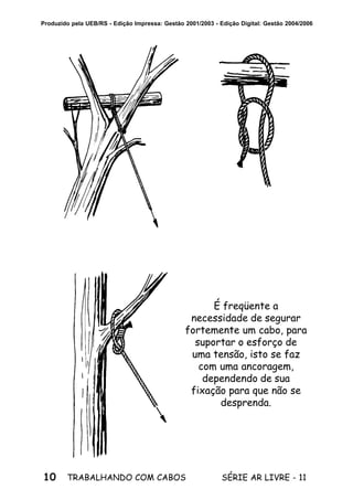 10 SÉRIE AR LIVRE - 11TRABALHANDO COM CABOS
Produzido pela UEB/RS - Edição Impressa: Gestão 2001/2003 - Edição Digital: Gestão 2004/2006
É freqüente a
necessidade de segurar
fortemente um cabo, para
suportar o esforço de
uma tensão, isto se faz
com uma ancoragem,
dependendo de sua
fixação para que não se
desprenda.
 