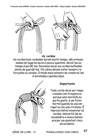 27SÉRIE AR LIVRE - 11 TRABALHANDO COM CABOS
Produzido pela UEB/RS - Edição Impressa: Gestão 2001/2003 - Edição Digital: Gestão 2004/2006
As cordas
As cordas bem cuidadas duram muito tempo, são armaze-
nadas em lugares secos e pouco quentes; deixá-las ao
tempo é perdê-las. Devemos secar as cordas molhadas
antes de guardá-las. Os cabos devem estar sempre re-
forçados ou unidos. O modo mais sensato de conservá-las
é enroladas e penduradas.
Importante
Toda corda deve ser inspe-
cionada com freqüencia,
porque uma mordida ou
parte gasta, é um fator
mortal quando se usa em
rapel ou em uma tirolesa. É
imprescindível examinar as
cordas, descartá-las se
necessário e nunca menos-
prezar um possível risco
de acidente.
 