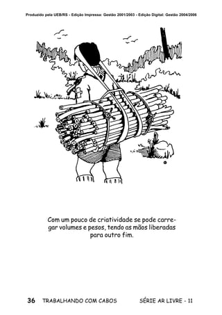 36 SÉRIE AR LIVRE - 11TRABALHANDO COM CABOS
Produzido pela UEB/RS - Edição Impressa: Gestão 2001/2003 - Edição Digital: Gestão 2004/2006
Com um pouco de criatividade se pode carre-
gar volumes e pesos, tendo as mãos liberadas
para outro fim.
 