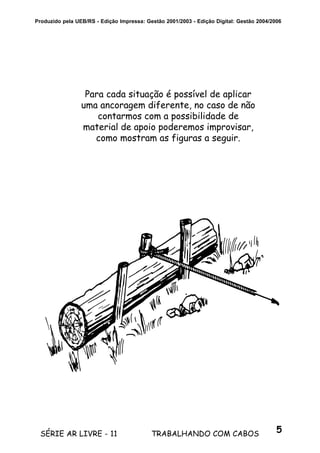 5SÉRIE AR LIVRE - 11 TRABALHANDO COM CABOS
Produzido pela UEB/RS - Edição Impressa: Gestão 2001/2003 - Edição Digital: Gestão 2004/2006
Para cada situação é possível de aplicar
uma ancoragem diferente, no caso de não
contarmos com a possibilidade de
material de apoio poderemos improvisar,
como mostram as figuras a seguir.
 