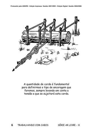 6 SÉRIE AR LIVRE - 11TRABALHANDO COM CABOS
Produzido pela UEB/RS - Edição Impressa: Gestão 2001/2003 - Edição Digital: Gestão 2004/2006
A quantidade de corda é fundamental
para definirmos o tipo de ancoragem que
faremos, sempre levando em conta a
tensão a que se sujeitará esta corda.
 