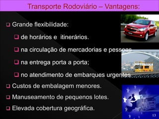  de horários e itinerários.
 na circulação de mercadorias e pessoas
 na entrega porta a porta;
 no atendimento de embarques urgentes
13
 