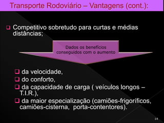  Competitivo sobretudo para curtas e médias
distâncias;
 da velocidade,
 do conforto,
 da capacidade de carga ( veículos longos –
T.I.R.),
 da maior especialização (camiões-frigoríficos,
camiões-cisterna, porta-contentores).
14
Dados os benefícios
conseguidos com o aumento
 