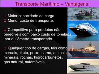 Maior capacidade de carga.
 Menor custo de transporte.
 Competitivo para produtos não
perecíveis com baixo custo de tonelada
por quilómetro transportado.
 Qualquer tipo de cargas, tais como,
cereais, fruta, peixe, carne, animais,
minerais, rochas, hidrocarbunetos,
gás natural, automóveis …
19
 