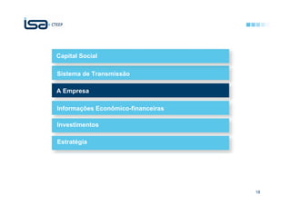Capital Social

Sistema de Transmissão

A Empresa

Informações Econômico-financeiras

Investimentos

Estratégia




                                    18
 