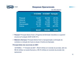 Despesas Operacionais
                                                             Em R$ milhares

                                 31/3/2008     31/3/2007 Variação

          Pessoal                   19.401        58.739       -67,0%
          Material                   1.486         7.984       -81,4%
          Serviços                  15.525        19.398       -20,0%
          Depreciação               44.184        42.509         3,9%
          Outros                     6.031         1.668       261,6%

                                    86.627       130.298        -33,5%

  Pessoal: Principais fatores foram o Programa de Demissão Voluntária e o superávit
  oriundo da Fundação CESP (CVM 371);

  Material e Serviços: Principais fatores foram a reprogramação e otimização de
  contratos e a redução de 4 para os atuais 2 Centros de Operação.

Principal efeito não recorrente em 2007:

  CETEMEQ – 1º Trimestre de 2007 – R$ 28 milhões em reversão de provisão, além de
  R$ 55 milhões na receita financeira, e R$ 70 milhões em reversão de provisão não
  operacional.
                                                                                      35
 