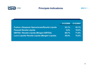 Principais Indicadores




                                                  31/3/2008   31/3/2007

Custos e Despesas Operacionais/Receita Líquida       23,1%       43,1%
Pessoal/ Receita Líquida                              5,2%       19,4%
EBITDA / Receita Líquida (Margem EBITDA)             88,7%       71,0%
Lucro Líquido/ Receita Líquida (Margem Líquida)      59,4%       75,2%




                                                                          37
 