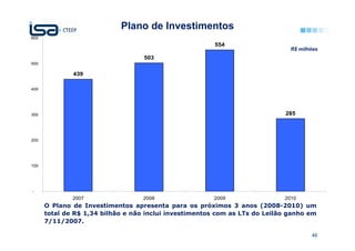 Plano de Investimentos
600
                                                        554
                                                                              R$ milhões
                                   503
500

              439

400




300                                                                         285



200




100




-
              2007                 2008                2009                 2010
      O Plano de Investimentos apresenta para os próximos 3 anos (2008-2010) um
      total de R$ 1,34 bilhão e não inclui investimentos com as LTs do Leilão ganho em
      7/11/2007.

                                                                                     46
 