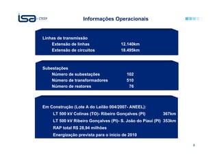 Informações Operacionais


Linhas de transmissão
    Extensão de linhas                 12.140km
    Extensão de circuitos              18.495km



Subestações
    Número de subestações                102
    Número de transformadores            510
    Número de reatores                    76



Em Construção (Lote A do Leilão 004/2007- ANEEL):
     LT 500 kV Colinas (TO)- Ribeiro Gonçalves (PI)        367km
     LT 500 kV Ribeiro Gonçalves (PI)- S. João do Piauí (PI) 353km
     RAP total R$ 28,94 milhões
     Energização prevista para o início de 2010

                                                                     8
 