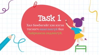 Task 1
Хөл бөмбөгийг хэн нэгэн
тоглогч өшиглөхгүй бол
байрнаасаа хөдлөхгүй.
 