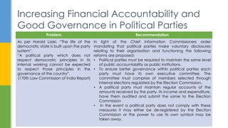 Problem Recommendation
As per Harold Laski, “The life of the
democratic state is built upon the party
system”.
“A political party which does not
respect democratic principles in its
internal working cannot be expected
to respect those principles in the
governance of the country”.
(170th Law Commission of India Report)
In light of the Chief Information Commissioners order
mandating that political parties make voluntary disclosures
relating to their organisation and functioning the following
reforms are proposed:
• Political parties must be required to maintain the same level
of public accountability as public institutions.
• To ensure better governance within political parties each
party must have its own executive committee. The
committee must comprise of members selected through
internal elections regulated by the Election Commission.
• A political party must maintain regular accounts of the
amounts received by the party, its income and expenditure,
have them audited and submit the same to the Election
Commission
• In the event a political party does not comply with these
measures it may either be de-registered by the Election
Commission or the power to use its own symbol may be
taken away.
Increasing Financial Accountability and
Good Governance in Political Parties
 
