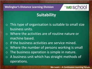 Welingkar’s Distance Learning Division
Suitability
o This type of organisation is suitable to small size
business units.
o Where the activities are of routine nature or
machine based.
o If the business activities are service mined.
o Where the number of persons working is small
o The business operation is simple in nature.
o A business unit which has straight methods of
operations.
We Learn – A Continuous Learning Forum
 