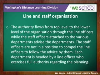 Welingkar’s Distance Learning Division
Line and staff organisation
o The authority flows from top level to the lower
level of the organisation through the line officers
while the staff officers attached to the various
departments advise the departments. The staff
officers are not in a position to compel the line
officers to follow the advice by them. Each
department is headed by a line officer who
exercises full authority regarding the planning.
We Learn – A Continuous Learning Forum
 
