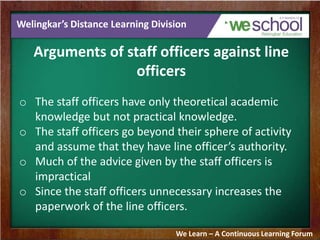 Welingkar’s Distance Learning Division
Arguments of staff officers against line
officers
o The staff officers have only theoretical academic
knowledge but not practical knowledge.
o The staff officers go beyond their sphere of activity
and assume that they have line officer’s authority.
o Much of the advice given by the staff officers is
impractical
o Since the staff officers unnecessary increases the
paperwork of the line officers.
We Learn – A Continuous Learning Forum
 