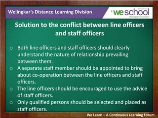 Welingkar’s Distance Learning Division
Solution to the conflict between line officers
and staff officers
o Both line officers and staff officers should clearly
understand the nature of relationship prevailing
between them.
o A separate staff member should be appointed to bring
about co-operation between the line officers and staff
officers.
o The line officers should be encouraged to use the advice
of staff officers.
o Only qualified persons should be selected and placed as
staff officers.
We Learn – A Continuous Learning Forum
 