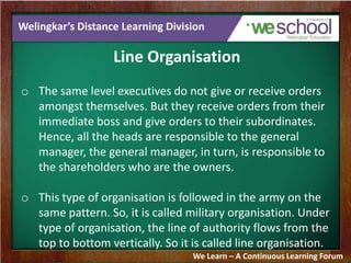 Welingkar’s Distance Learning Division
Line Organisation
o The same level executives do not give or receive orders
amongst themselves. But they receive orders from their
immediate boss and give orders to their subordinates.
Hence, all the heads are responsible to the general
manager, the general manager, in turn, is responsible to
the shareholders who are the owners.
o This type of organisation is followed in the army on the
same pattern. So, it is called military organisation. Under
type of organisation, the line of authority flows from the
top to bottom vertically. So it is called line organisation.
We Learn – A Continuous Learning Forum
 