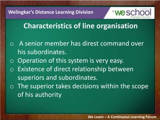 Welingkar’s Distance Learning Division
Characteristics of line organisation
o A senior member has direst command over
his subordinates.
o Operation of this system is very easy.
o Existence of direct relationship between
superiors and subordinates.
o The superior takes decisions within the scope
of his authority
We Learn – A Continuous Learning Forum
 
