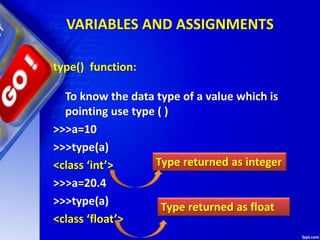 VARIABLES AND ASSIGNMENTS
type() function:
To know the data type of a value which is
pointing use type ( )
>>>a=10
>>>type(a)
<class ‘int’>
>>>a=20.4
>>>type(a)
<class ‘float’>
Type returned as integer
Type returned as float
 