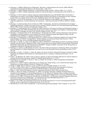 Holzinger, A. (2000d). Effektivität von Multimedia - Motivation, Aufmerksamkeit und Arousal. GMW FORUM,
Zeitschrift der Gesellschaft für Medien in der Wissenschaft, 1, (00), 10-13.
Holzinger, A. (2004). Rapid prototyping for a virtual medical campus interface. Software, IEEE, 21, (1), 92-99.
Holzinger, A. (2005). Usability engineering methods for software developers. Communications of the ACM, 48, (1),
71-74.
Holzinger, A. (2013). Human–computer interaction and Knowledge Discovery (HCI-KDD): What is the benefit of
bringing those two fields to work together? Multidisciplinary Research and Practice for Information Systems, Springer
Lecture Notes in Computer Science LNCS 8127. Heidelberg, Berlin, New York: Springer, 319-328.
Holzinger, A.; Geier, M. & Germanakos, P. (2012). On the development of smart adaptive user interfaces for mobile
e-Business applications: Towards enhancing User Experience – some lessons learned. SciTePress, INSTICC, Setubal.
3-16.
Holzinger, A.; Kickmeier-Rust, M. D. & Albert, D. (2006). Visualizations, Animations and Simulations for Computer
Engineering Education: Is High-Tech Content always necessary? World Conference on Continuing Engineering Education
(WCEE 2006). Vienna University of Technology (Austria). 10-16.
Holzinger, A.; Kickmeier-Rust, M. D. & Ebner, M. (2009). Interactive Technology for Enhancing Distributed Learning: A
Study on Weblogs. HCI 2009 23rd British HCI Group Annual Conference on People and Computers: Celebrating People
and Technology. Cambridge University (UK): British Computer Society. 309–312.
Holzinger, A.; Kickmeier-Rust, M. D.; Wassertheurer, S. & Hessinger, M. (2009). Learning performance with interactive
simulations in medical education: Lessons learned from results of learning complex physiological models with the
HAEMOdynamics SIMulator. Computers & Education, 52, (2), 292-301.
Holzinger, A.; Nischelwitzer, A. & Kickmeier-Rust, M. D. (2006). Pervasive E-Education supports Life Long Learning:
Some Examples of X-Media Learning Objects. World Conference on Continuing Engineering Education. Vienna:
WCCEE, 20-26. http://www.wccee2006.org/papers/445.pdf [2013-08-24].
Holzinger, A.; Pichler, A.; Almer, W. & Maurer, H. (2001). TRIANGLE: A Multi-Media test-bed for examining incidental
learning, motivation and the Tamagotchi-Effect within a Game-Show like Computer Based Learning Module. Educational
Multimedia, Hypermedia and Telecommunication ED-MEDIA. Tampere (Finland): Association for the Advancement of
Computing in Education, Charlottesville (VA), 766-771.
Holzinger, A.; Searle, G. & Wernbacher, M. (2011). The effect of Previous Exposure to Technology (PET) on Acceptance
and its importance in Usability Engineering. Universal Access in the Information Society International Journal, 10, (3),
245-260.
Holzinger, A.; Softic, S.; Stickel, C.; Ebner, M.; Debevc, M. & Hu, B. (2010). Nintendo Wii Remote Controller in Higher
Education: Development and Evaluation of a Demonstrator Kit for e-Teaching. Computing & Informatics, 29, (3),
1001-1015.
Kralm, C. & Blanchaer, M. (1986). Using an advance organizer to improve knowledge application by medical students in
computer-based clinical simulations. Journal of Computer Based Instruction, 13, 71-74.
Niegemann, H. M.; Domagk, S.; Hessel, S.; Hein, A.; Hupfer, M. & Zobel, A. (2008). Kompendium multimediales
Lernen. Berlin: Springer.
Norman, D. A. (1986). Cognitive engineering. In: D. Norman, & S. Draper (Hrsg.), User Centered System Design: New
Perspectives on human-computer interaction. Hillsdale (NJ): Erlbaum.
O'reilly, T. (2006). Web 2.0: Stuck on a name or hooked on value? Dr Dobbs Journal, 31, (7), 10-10.
O’reilly, T. (2005). What is Web 2.0 – Design Patterns and Business Models for the Next Generation of Software.
http://www.oreillynet.com/pub/a/oreilly/tim/news/2005/09/30/what-is-web-20.html [2013-08-24].
Piaget, J. (1961). On the development of memory and identity.Worchester (MA): Clark University Press.
Safran, C.; Ebner, M.; Kappe, F. & Holzinger, A. (2009). m-Learning in the Field: A Mobile Geospatial Wiki as an
example for Geo-Tagging in Civil Engineering Education. In: M. Ebner & M. Schiefner (Hrsg.), Looking Toward the
Future of Technology-Enhanced Education: Ubiquitous Learning and the Digital Native. New York: IGI Global, 444-454.
Schulmeister, R. (2002). Taxonomie der Interaktivität von Multimedia – Ein Beitrag zur aktuellen Metadaten-Diskussion
(Taxonomy of Interactivity in Multimedia – A Contribution to the Actual Metadata Discussion). it + ti –
Informationstechnik und Technische Informatik, 44, (4), 193-199.
Shapiro, A. M. (1999). The relationship between prior knowledge and interactive overviews during hypermedia-aided
learning. Journal of Educational Computing Research, 20, (2), 143-167.
Shneiderman, B. (1983). Direct manipulation: A step beyond programming languages. IEEE Computer, 16, (8), 57-69.
 