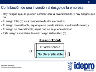 34

Contribución de una inversión al riesgo de la empresa
• Hay riesgos que se pueden eliminar con la diversificación y hay riesgos que

no.
• El riesgo total (σ) está compuesto de dos elementos:
• El riesgo diversificable, aquel que se puede eliminar vía diversificación; y
• El riesgo no diversificable, aquel que no se puede eliminar.
• Este riesgo es también llamado riesgo sistemático (β)

Riesgo Total:

σ
Fernando Romero M.
fernando.romero@idepro.edu.ec

Diversificable
No Diversificable

β

 