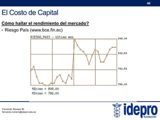 40

El Costo de Capital
Cómo hallar el rendimiento del mercado?
• Riesgo País (www.bce.fin.ec)

Fernando Romero M.
fernando.romero@idepro.edu.ec

 
