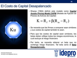 42

El Costo de Capital Desapalancado
• Sharpe (1964) definió este modelo como Capital

Assets Pricing Model CAPM (Modelo de Fijación de
Precios de Activos de Capital)

K  R f  β( R m  R f )

Ku

• Se necesita que las firmas a comparar sean similares

y sus costos de capital también lo sean.
• Para que los costos de capital sean similares, los

betas deben reflejar todos los riesgos económicos, lo
cual excluye al riesgo financiero
• Por tanto, se necesita obtener un beta que no

contenga riesgo financiero. Tal beta sería el Beta
Desapalancado.
Fernando Romero M.
fernando.romero@idepro.edu.ec

 