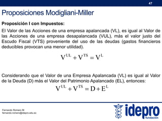 47

Proposiciones Modigliani-Miller
Proposición I con Impuestos:
El Valor de las Acciones de una empresa apalancada (VL), es igual al Valor de
las Acciones de una empresa desapalancada (VUL), más el valor justo del
Escudo Fiscal (VTS) proveniente del uso de las deudas (gastos financieros
deducibles provocan una menor utilidad).

V UL  V TS  V L
Considerando que el Valor de una Empresa Apalancada (VL) es igual al Valor
de la Deuda (D) más el Valor del Patrimonio Apalancado (EL), entonces:

V
Fernando Romero M.
fernando.romero@idepro.edu.ec

UL

V

TS

 DE

L

 
