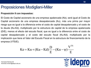 52

Proposiciones Modigliani-Miller
Proposición II con impuestos:
El Costo de Capital accionario de una empresa apalancada (Ke), será igual al Costo de
Capital accionario de una empresa desapalancada (Ku), más una prima por mayor
riesgo que es igual a la diferencia entre el costo de capital desapalancado y el costo de
la deuda (Ku-Kd), multiplicado por la estructura de capital de la empresa apalancada
(D/E), menos el efecto del escudo fiscal, que es igual a la diferencia entre el costo de
capital desapalancado y el costo del escudo fiscal (Ku-Kd), multiplicado por la
implicación que tiene el Valor del Escudo Fiscal en la estructura de financiamiento de la
empresa (VTS/E).

V TS

D
Ke  Ku  (Ku  Kd)  (Ku  )
E
E
Fernando Romero M.
fernando.romero@idepro.edu.ec

 
