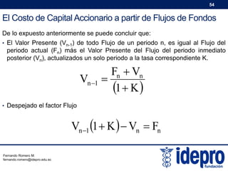 54

El Costo de Capital Accionario a partir de Flujos de Fondos
De lo expuesto anteriormente se puede concluir que:
• El Valor Presente (Vn-1) de todo Flujo de un periodo n, es igual al Flujo del

periodo actual (Fn) más el Valor Presente del Flujo del periodo inmediato
posterior (Vn), actualizados un solo periodo a la tasa correspondiente K.

Fn  Vn
Vn 1 
1  K 
• Despejado el factor Flujo

Vn 1 1  K   Vn  Fn
Fernando Romero M.
fernando.romero@idepro.edu.ec

 